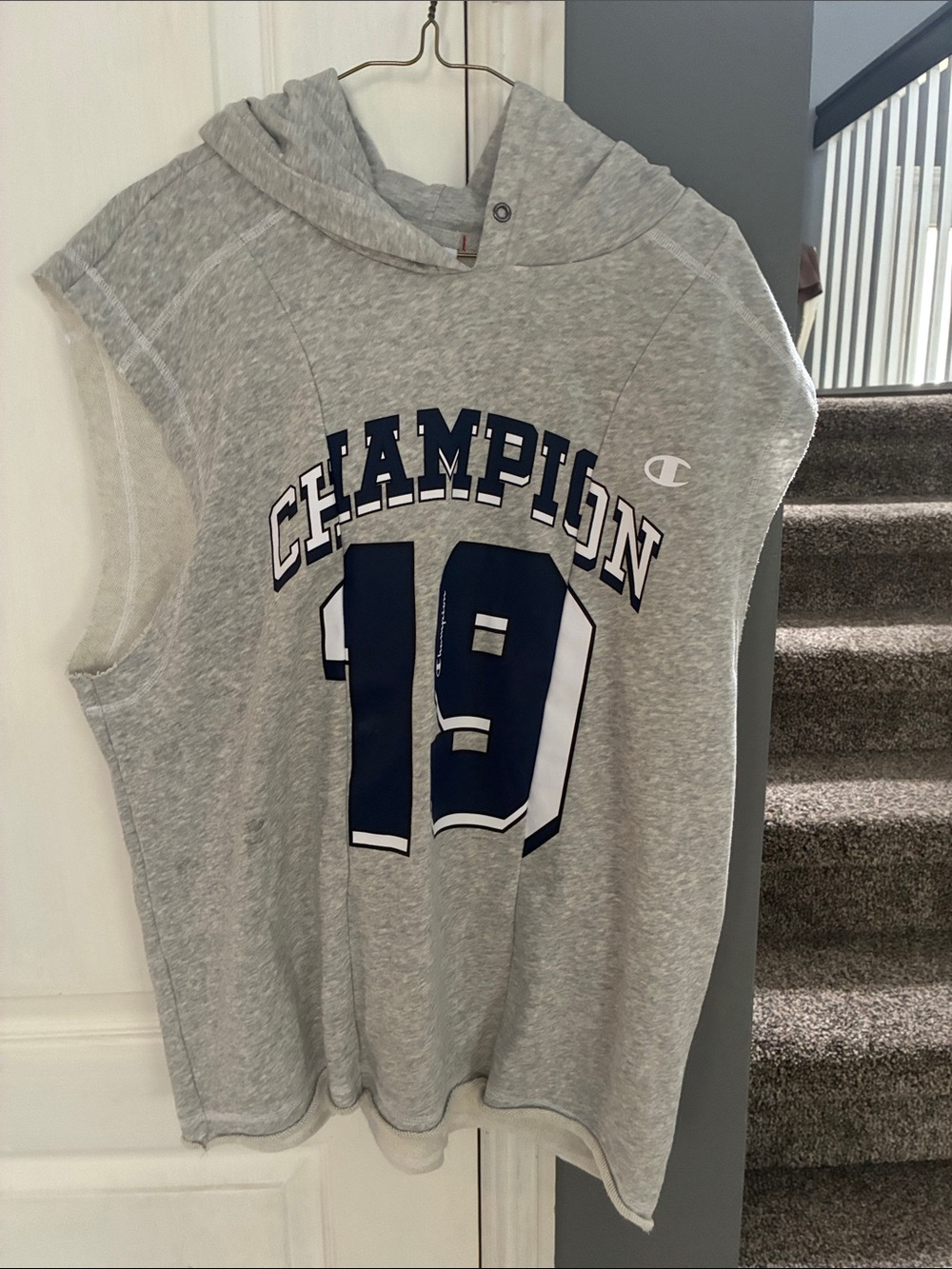 Champion Gray Sleeveless Hoodie with Navy '19' Graphic